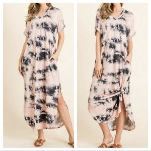 Tie Dye Peach and Black Maxi Dress with Pockets